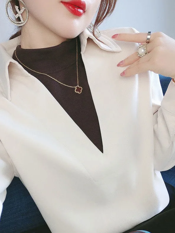 

Женская вельветовая рубашка в корейском стиле, свободного кроя, с эффектом двухслойности, с длинными рукавами, однотонная, с воротником