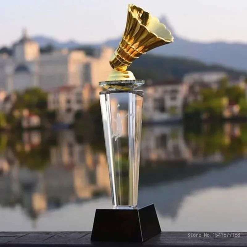 Customized Crystal Trophy for Sports Competition, Creative Metal Gold, Silver, Copper Badminton, High-end Award, Home Decor, 1Pc