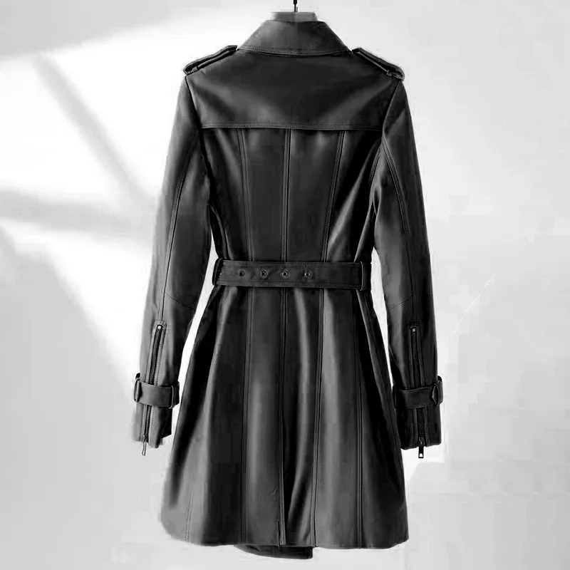 Giacca da donna in pelle naturale Autunno Inverno Trench lungo in pelle di pecora sottile stile classico britannico doppio petto kaki/nero