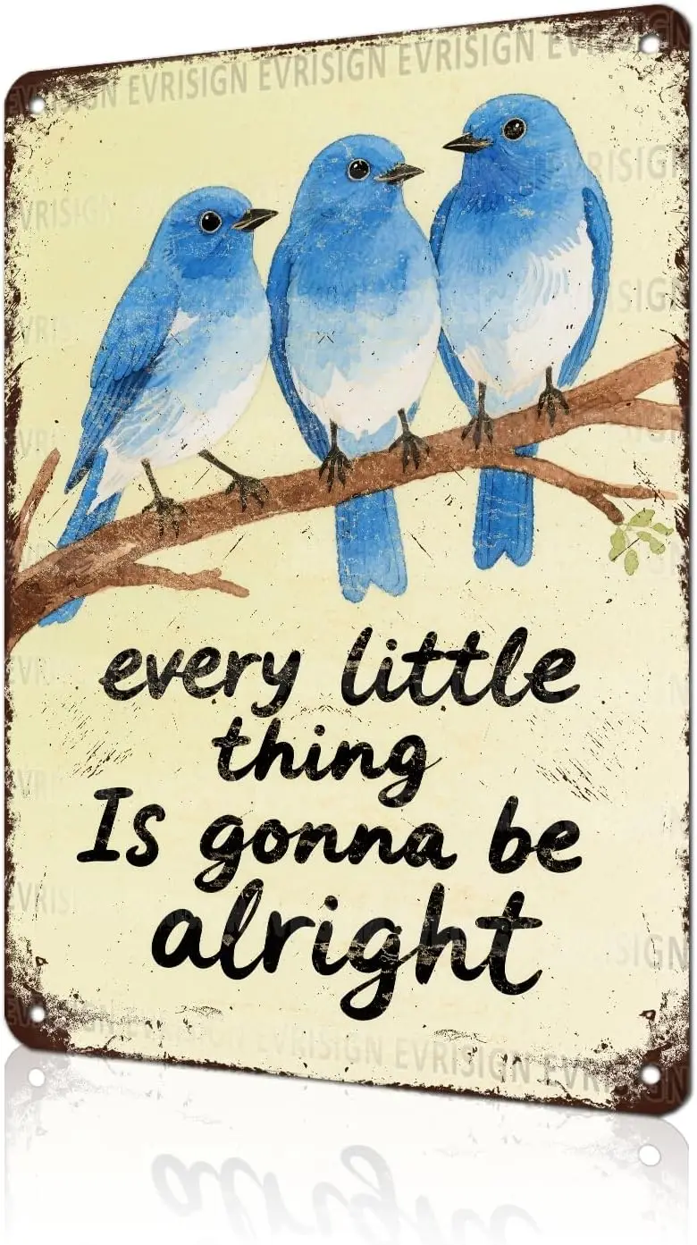 EVRISIGN Watercolor Birds Metal Sign “Every Little Thing Is Gonna Be Alright” - Uplifting Vintage Wall Art For Home, Farmhouse &
