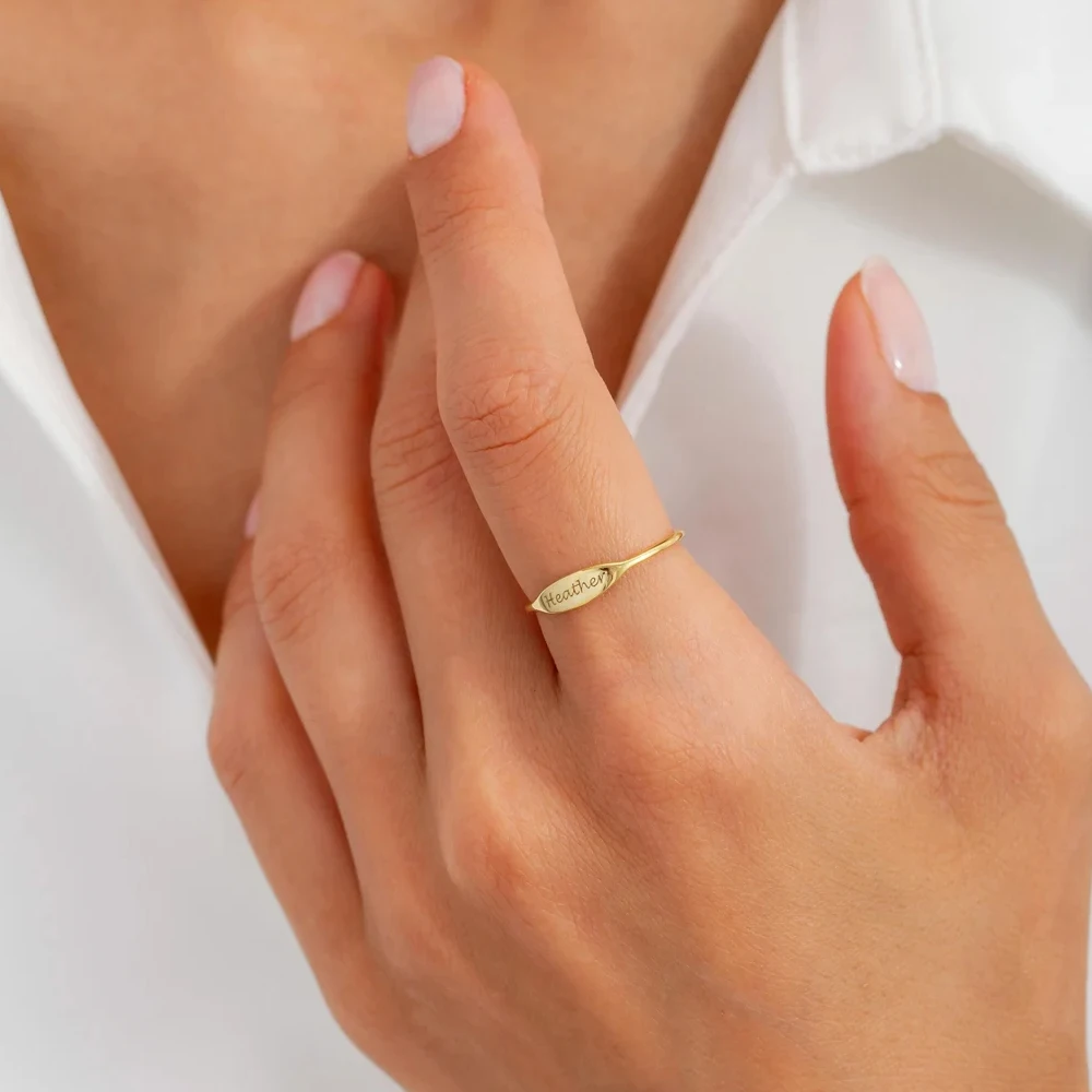 COOLTIME Dainty Engraved Name Stainless Steel Ring for Women Gold Color Personalized Minimalist Anniversary Couple Rings Gift