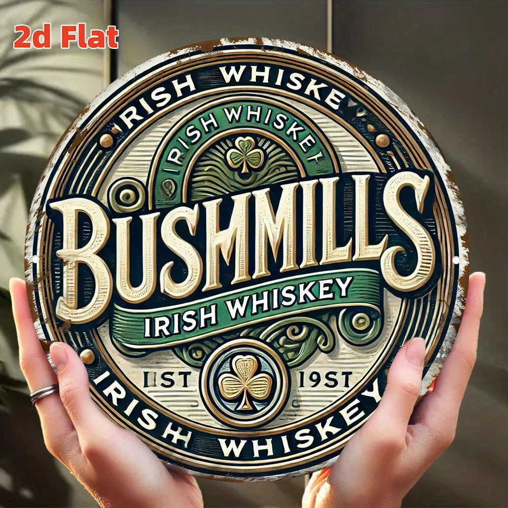 

[Настенное искусство Whiskey Bullmills] Bushmills Irish Whiskey 19th Anniversary 2D Flat Metal Wall Art - Круглая алюминиевая вывеска, винтажный янтарь
