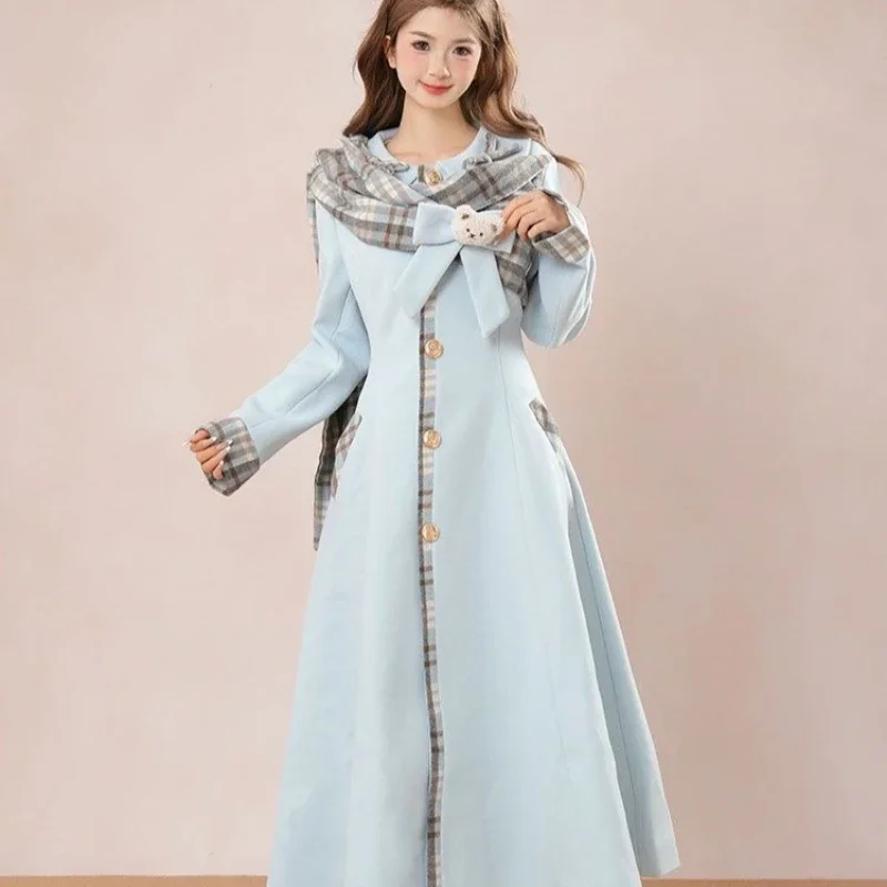 2026 Autumn Winter New Fashion Niche Design Sense Waist Cinching Long Woolen Coat Korean Style Spliced Woolen Coat for Women