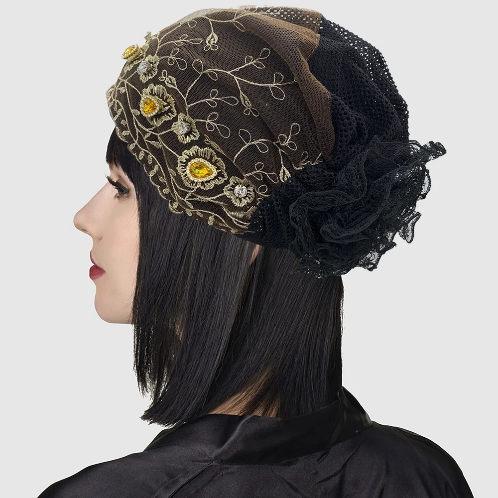 Embroidery Beading Women\'s Lace Turban Cap Muslim Women Summer Head Cover Caps Islamic Headwear Bonnet Female Head Wraps