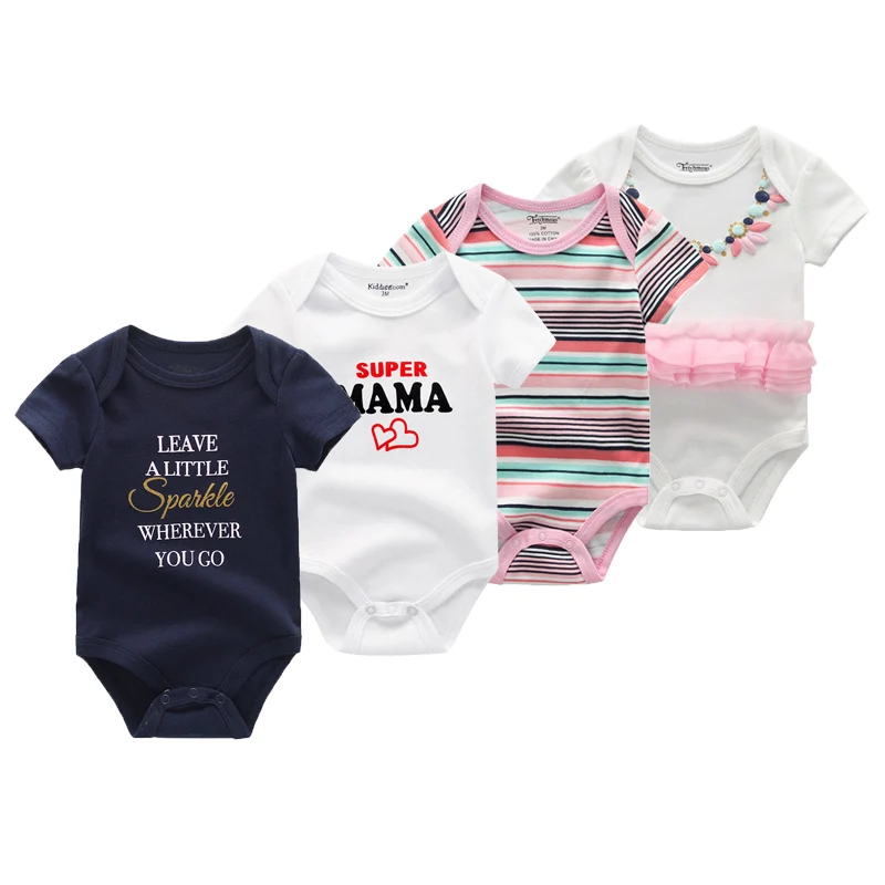 4Pcs Unisex Printed Short Sleeve Baby Bodysuit Set, Soft Cotton Snap Bottom Newborn Daily Rompers