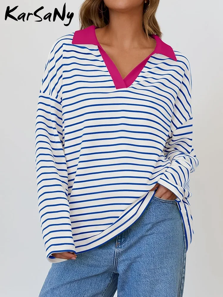 Autumn Women\'s Sweatshirts Oversized Striped T Shirt Long Sleeve Polo Sweatshirt Casual Loose Cotton Pullover For Women Lady Top