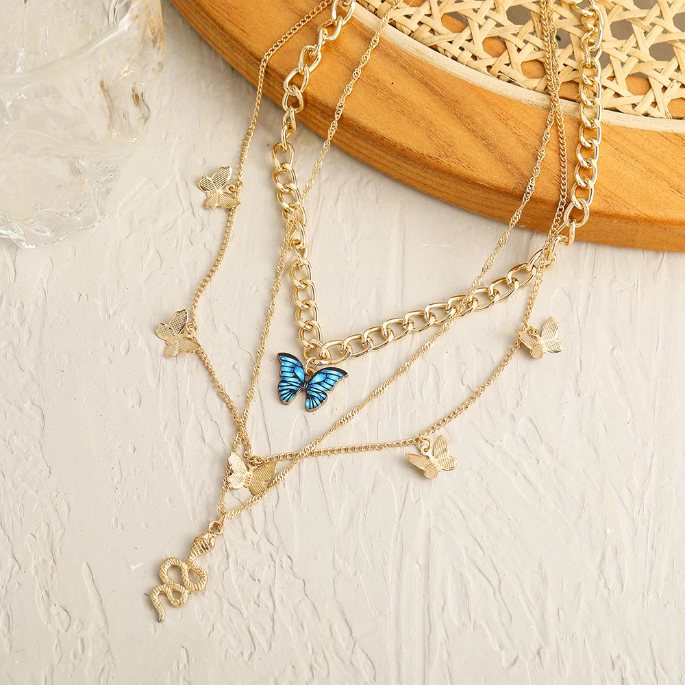 2022 New Creative Simple Temperament Women\'s Necklace Lovely Atmosphere Blue Butterfly Snake Necklace 3-piece Set