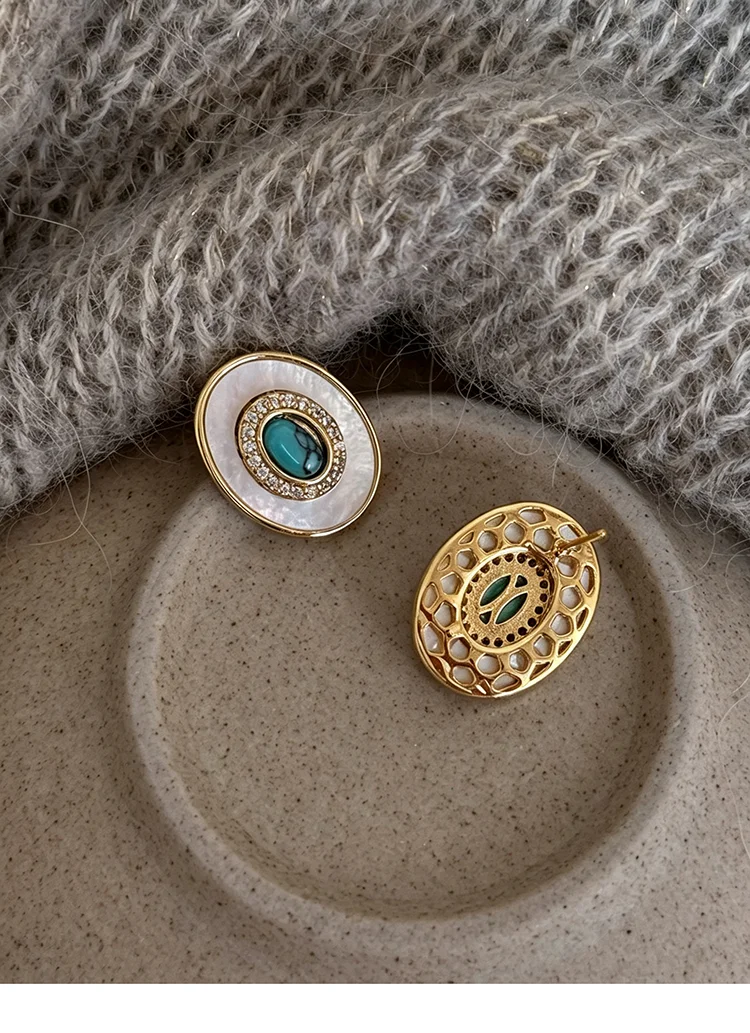 2026 Ovale Natürliche Muschel-Türkis-Ohrstecker für Damen Vintage Vergoldet Kubischer Zirkonia Böhmischer Eleganter Alltagsschmuck Geschenk – Detail 3