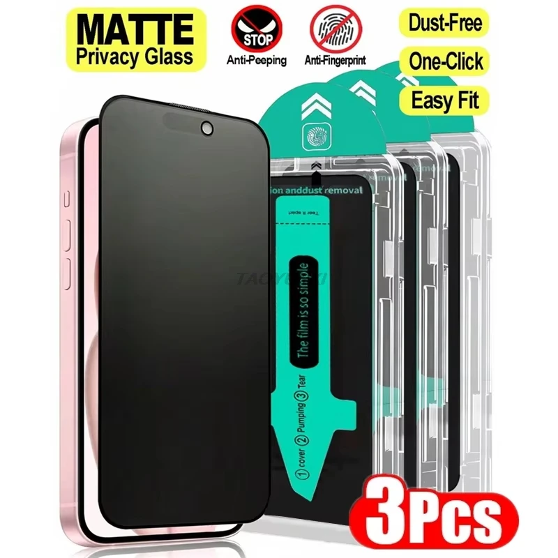 

3Pcs Dust Free Install Matte Privacy Screen Protectors For iPhone 17 16 Pro Max 16e 15 14 Plus 13 12 11 Air Xs Xr Tempered Glass