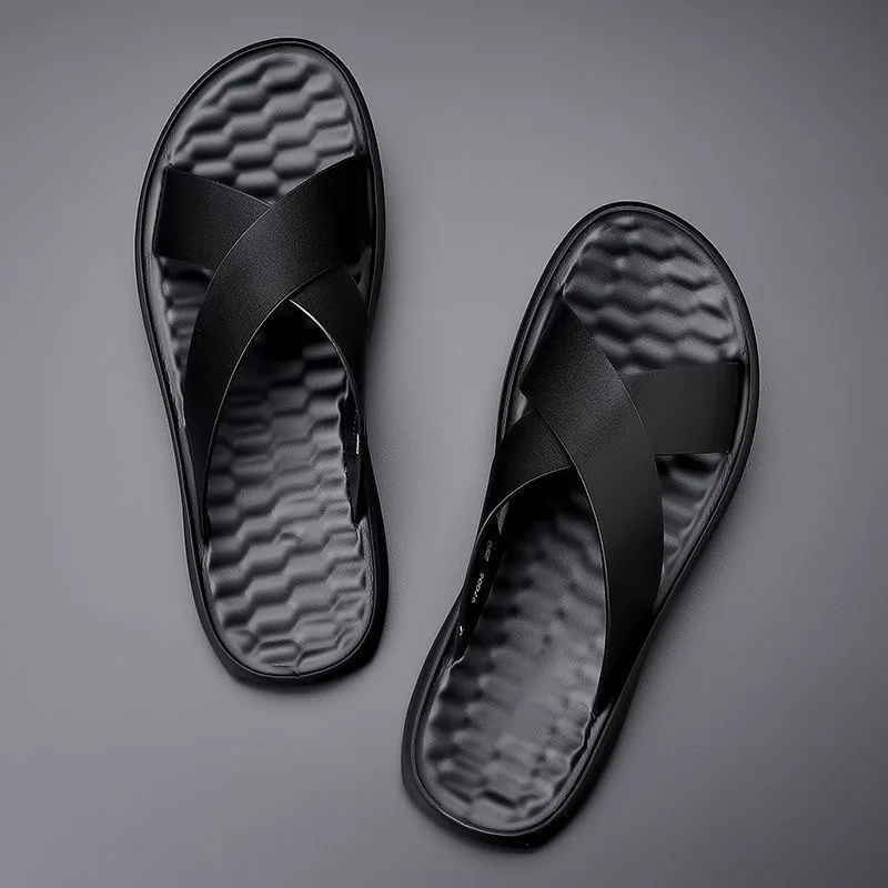 Summer New Shoes for Men Genuine Leather Slippers Street Casual Slides Soft Flat Beach Shoes