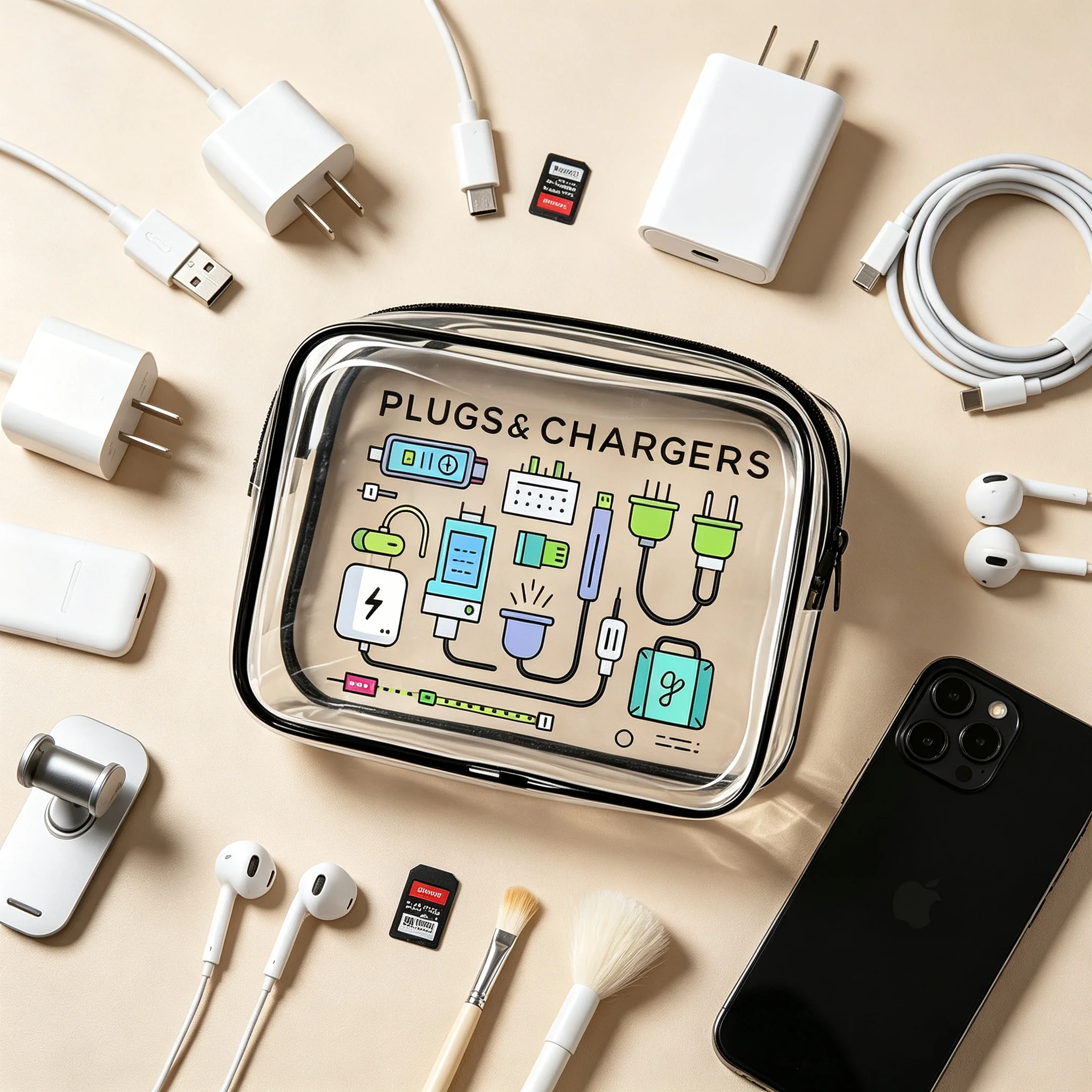 Cute Tech Gadget Clear Plastic Bag Plugs and Chargers Print Transparent Travel Cable Charger Storage Pouch