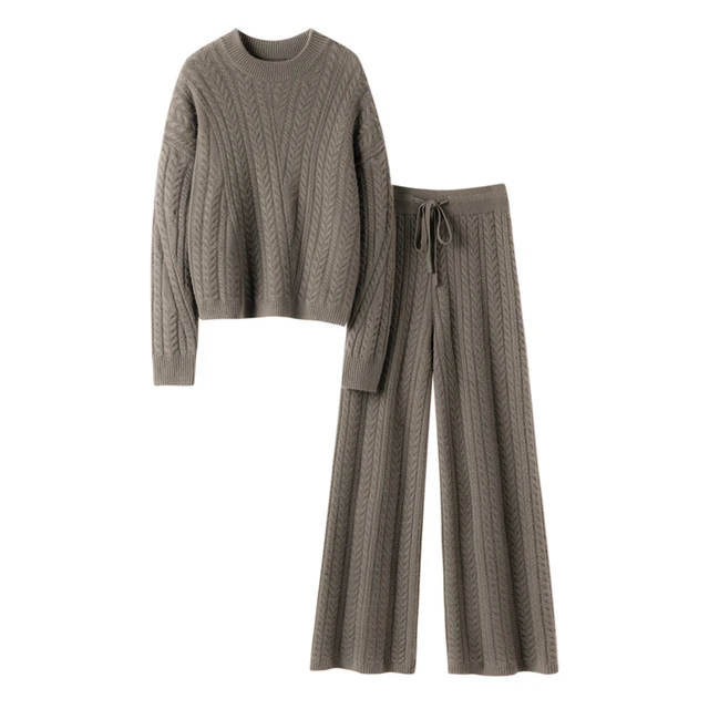 High-End 100% Pure Cashmere Women'S Suit With Round Neck Cable-Knit Sweater And High-Waisted Straight Pants Two-Piece Set