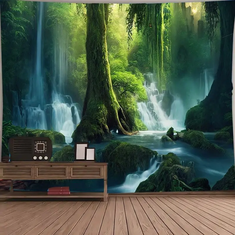 Waterfall Jungle Tapestry – Mystical Primary Forest Landscape Wall Art for Bedroom, Living Room or Office Decor