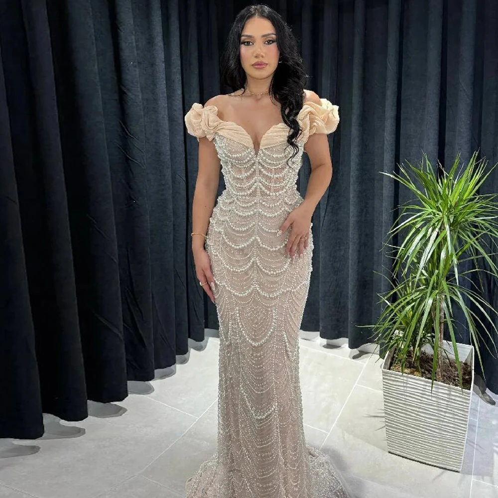 

Customized Off Shoulder Pearls Evening Dresses 2025 Sequin Mermaid Special Occasion Dress for Women Illusion Long Bodycon