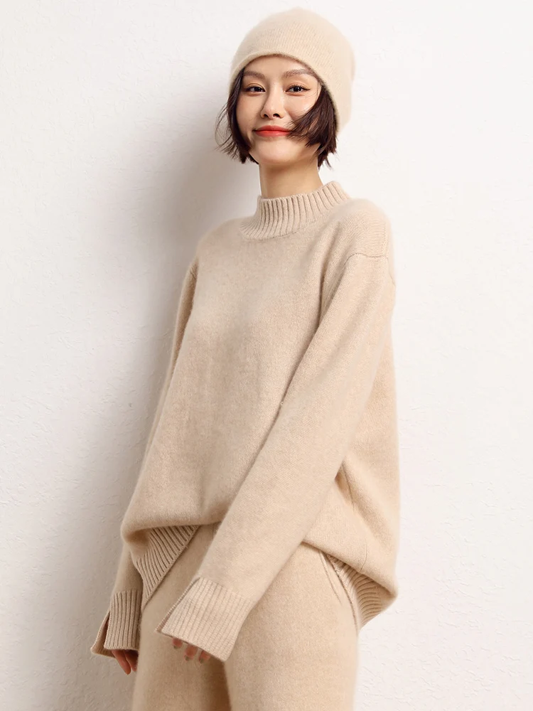 Korean Popular Women's Sweater Pullover 100% Cashmere Winter Sweater Mock Neck Pullover Split Cuff Thicked Warm Female Clothing