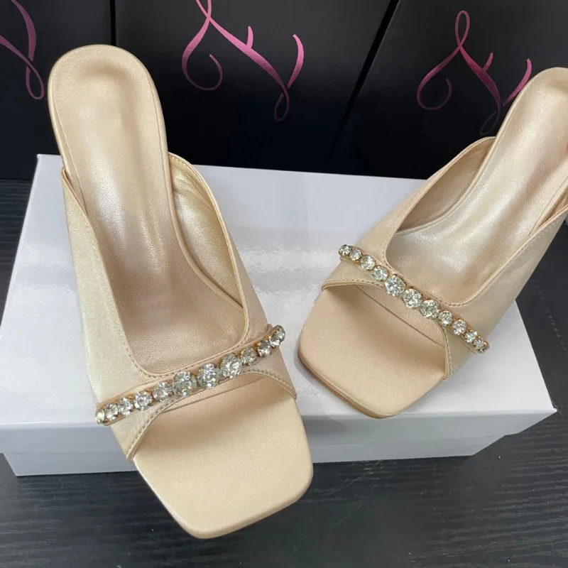 

New Summer Women's High-heeled Sandals Sexy Rhinestones Slippers Satin Square Toe Open Toe Stiletto High-heeled Mules