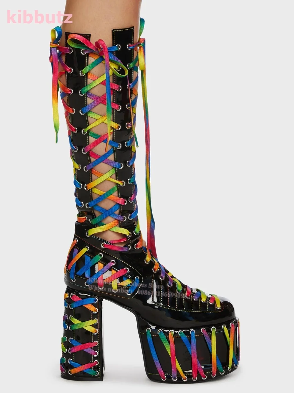 Round Toe Square Heel Platform Knee-High Boots Mixed Color Cross-Tied Patent Leather Side Zipper Super High Sexy Shoes Hot Girls