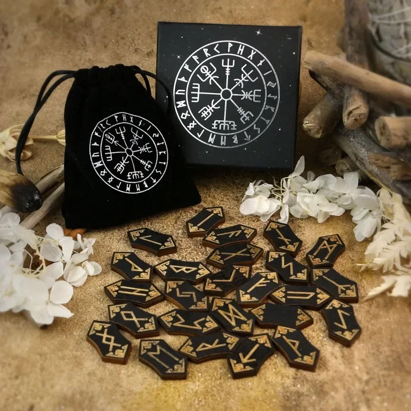 Rune Set Wooden Viking Rune Set Engraved Energy Stone Runas for Altar Divination Spiritual Mediation Witchcraft Board Game