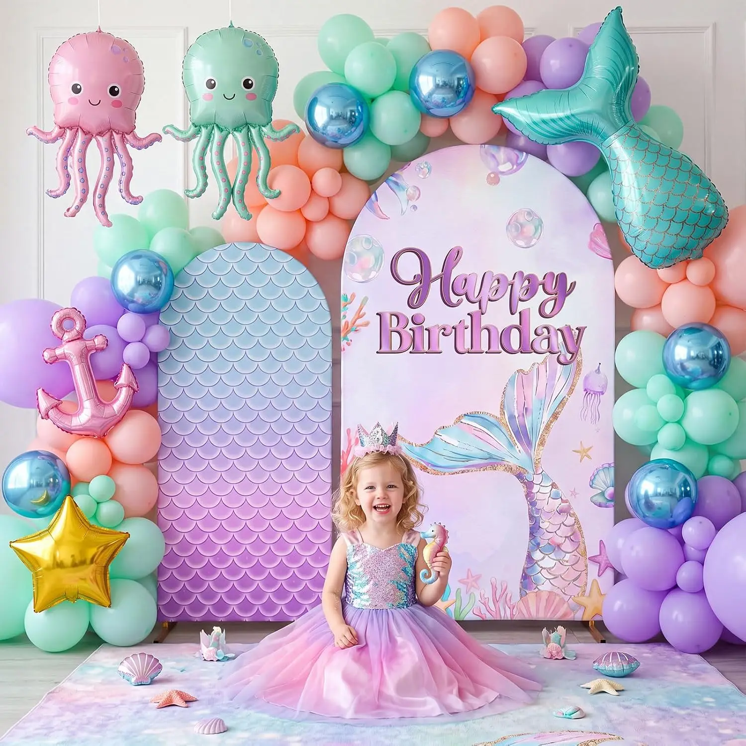 Custom 2-sided Mermaid Chiara Arch Backdrop Cover Birthday Party Decor Fish Tail Fish Scales Girl Dessert Table Background Shoot