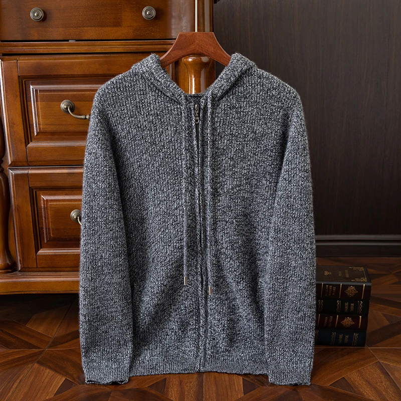

Autumn winter pure cashmere cardigan sweater for men zipper knitted coat men warm Floral yarn knitting casual hooded cardigan