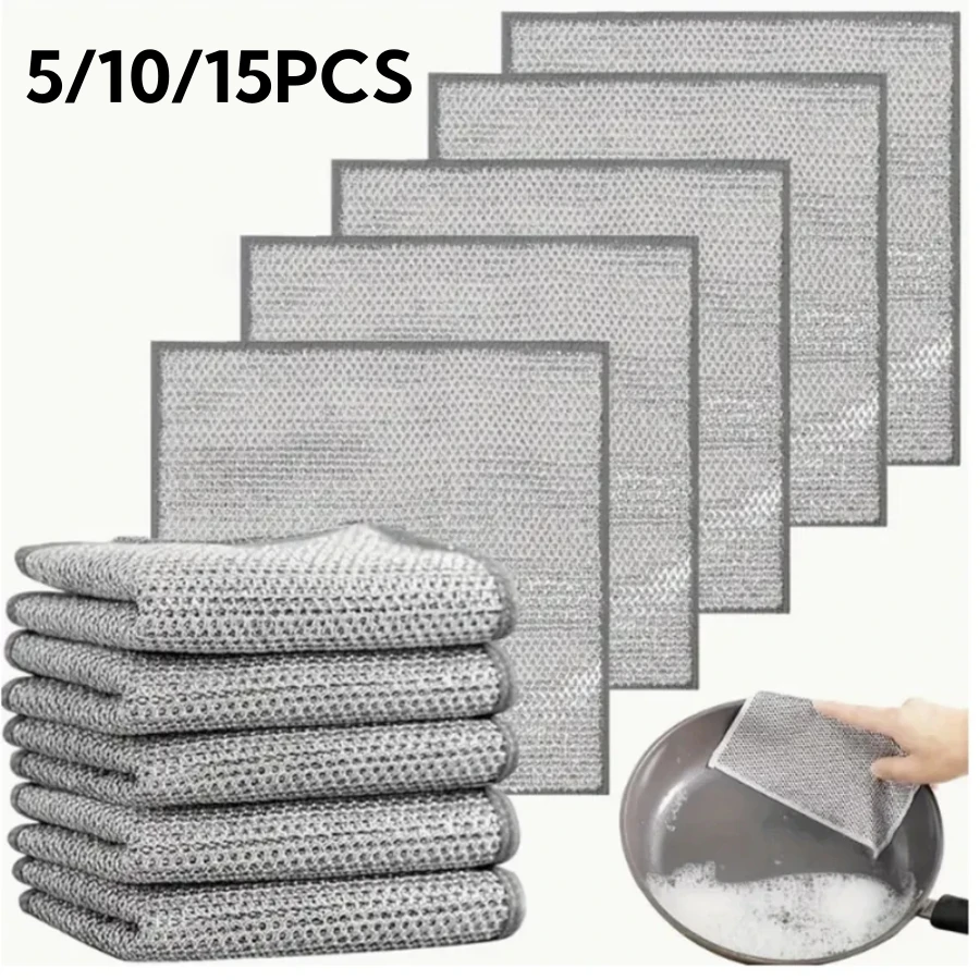 

5/10/15pc Magic Dishcloth Silver Wire Cleaning Kitchen Cloth Thickened Microfiber Wash Towel Built-in Sponge Steel Wire Ball Rag