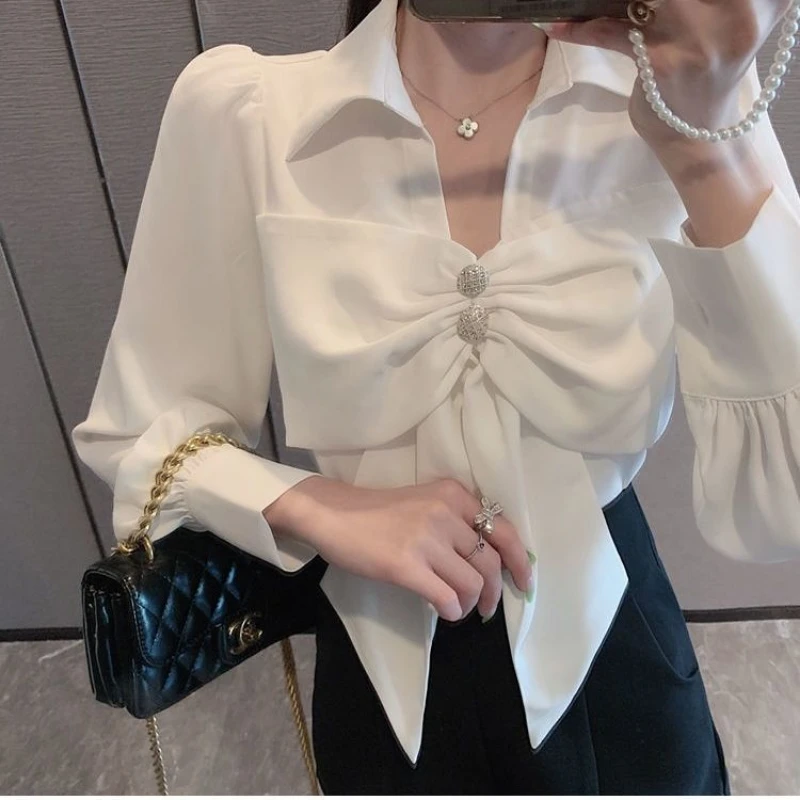 Spring Autumn New V-neck Fashion Long Sleeve Blouse Women High Street Bow Embroidered Flares Pullovers Elegant All-match Tops