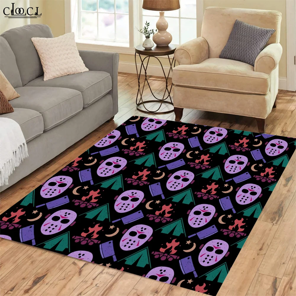 HX Halloween Carpet Horror Character Mask Camping Bonfire 3D Print Carpets for Living Room Flannel Indoor Doormat Floor Rug