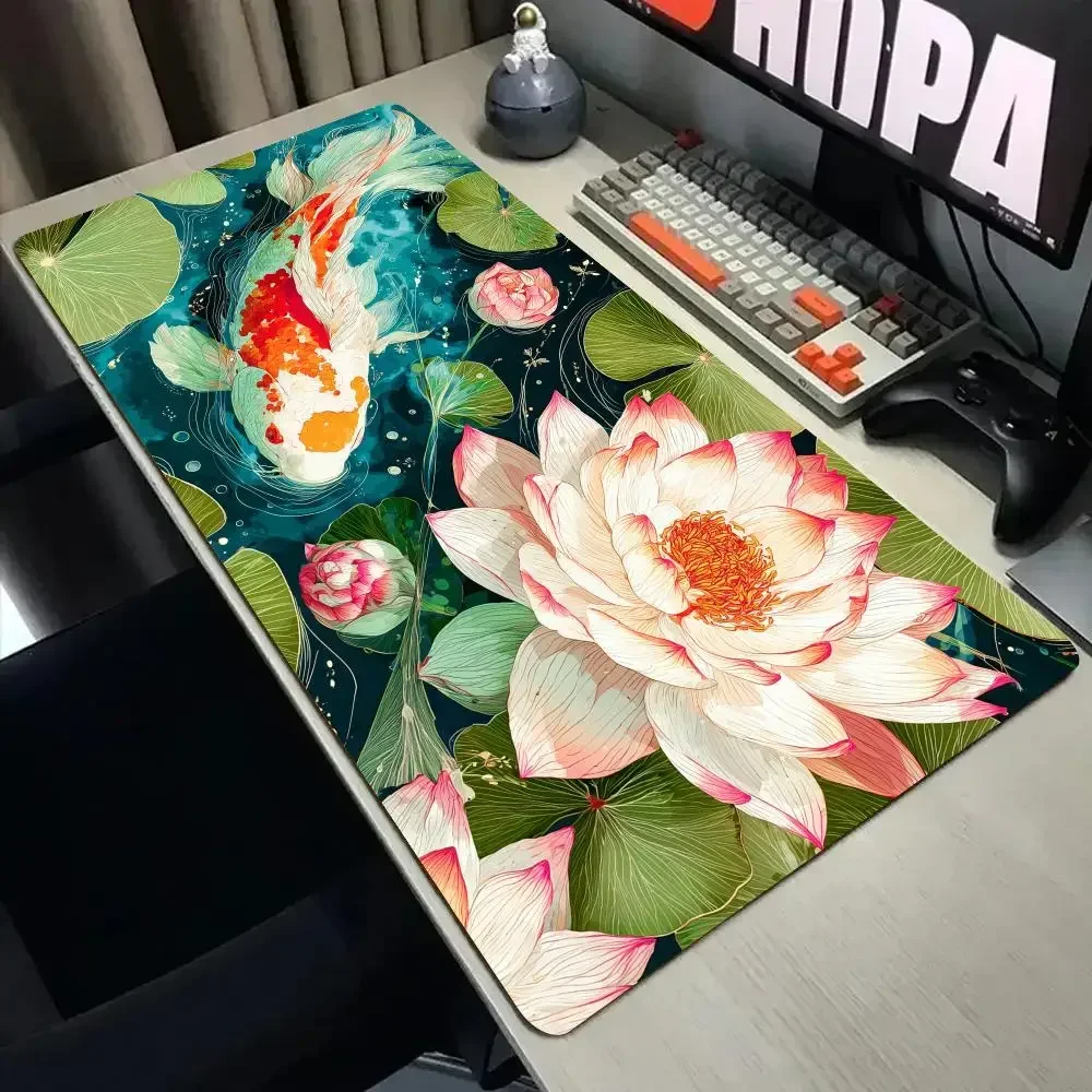 Koi And Lotus Mouse Pad Desk Mat With Stitched Edge XXL Mousepads Rubber Anti Slip Gamer Keyboard Rug Gaming Mats Extended Pad