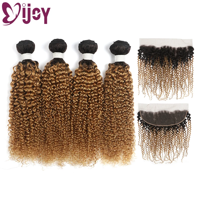 Kinky encaracolado pacotes com frontal brasileiro feixes de cabelo humano com 13x4 frontal omber mel loira pacotes com frontal remy