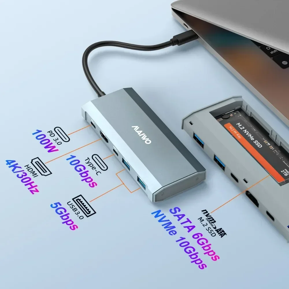 MAIWO 6-IN-1 USB C HUB M.2 NVMe SATA SSD Enclosure Type-C to HDMI Adapter Compatible 4K@60Hz PD100W Support Read&Write USB HUB