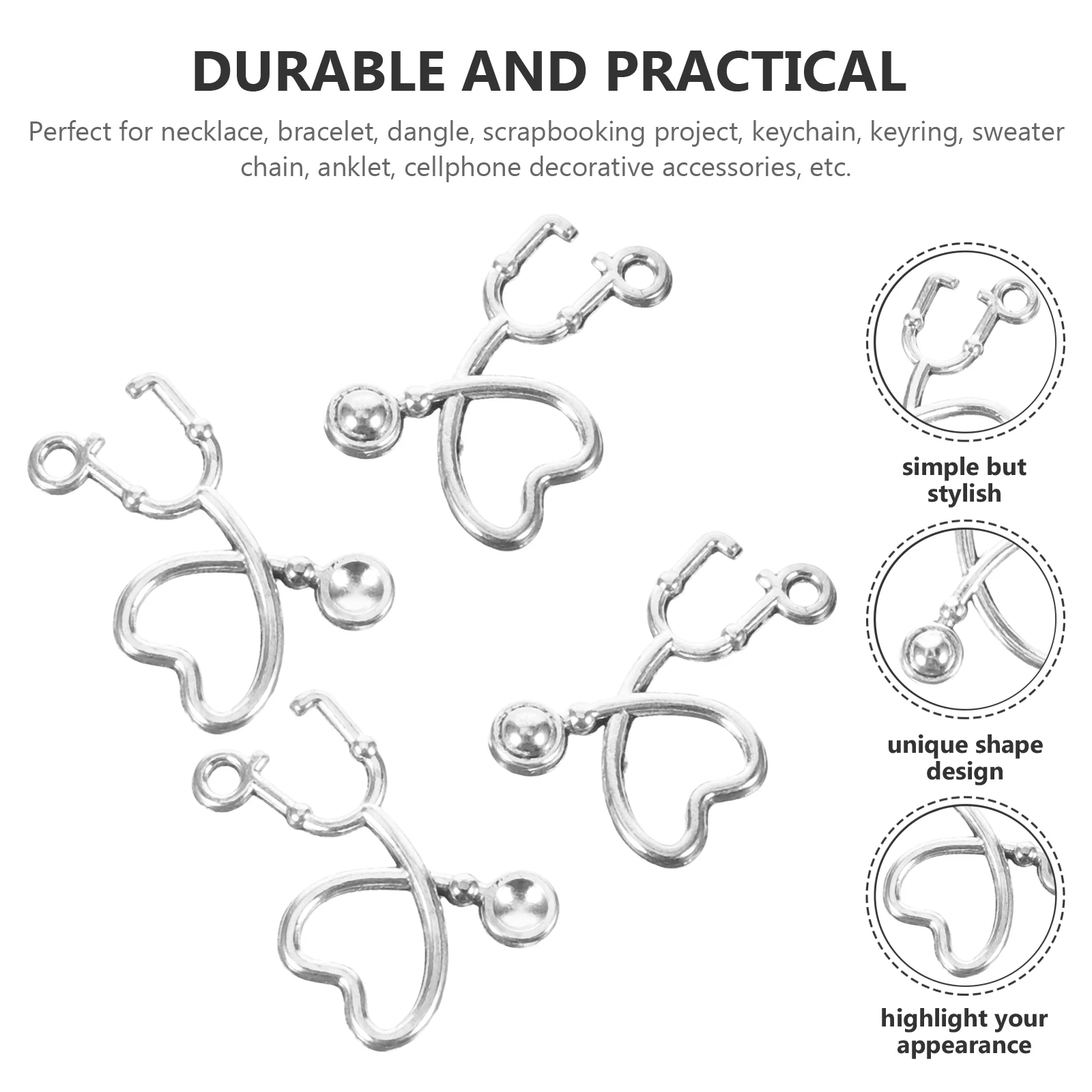 50pcs Alloy Heart Stethoscope Pendants DIY Charms Jewelry Making Accessory for Necklace Earrings ( Silver)