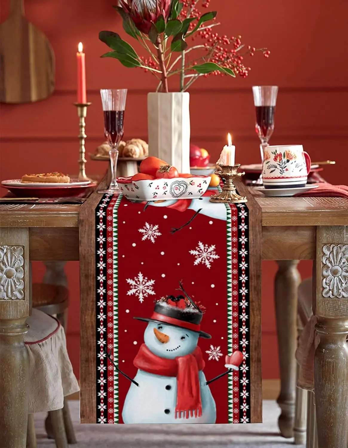 Christmas Snowman Tree Snowflake Linen Table Runners Coffee Party Decor Washable Dining Table Runners Christmas Decorations