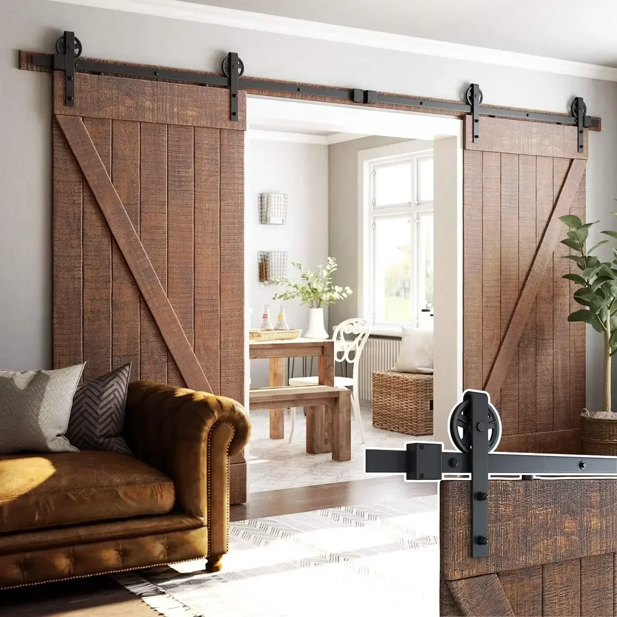 12ft Sliding Double Barn Door Hardware Kit, Black, Smoothly and Quietly, Heavy Duty Industrial Design, Easy to Install