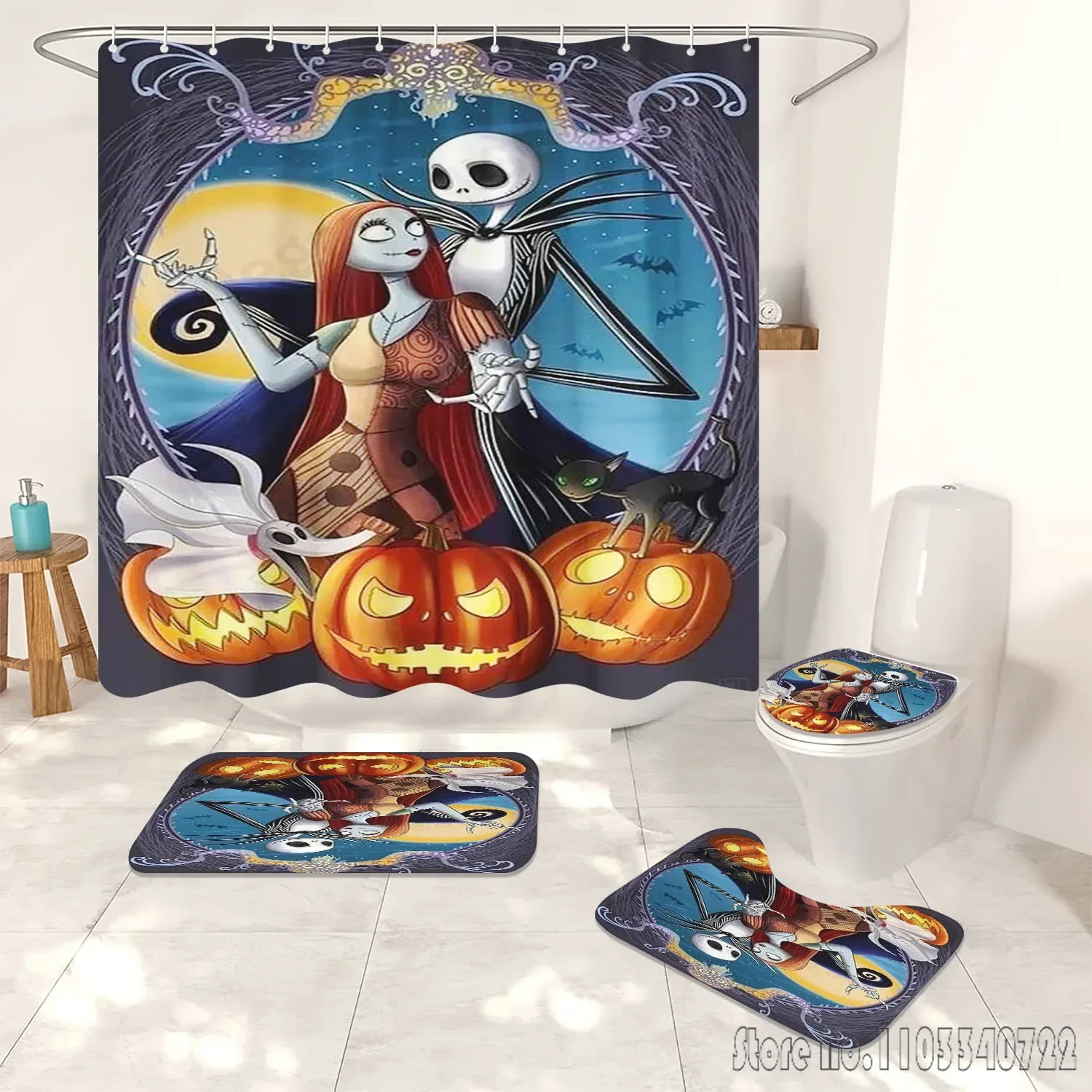 The Nightmare Before Christmas Shower Curtain Bathroom Accessories 4 Piece Set Mats And 100% Polyester Decor Cute Funny home