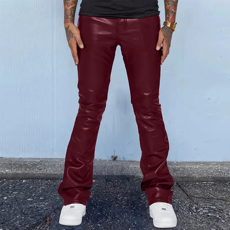 Men Long Pant Solid Mid Waist Casual Regular Leather Pants Pleated Splice Straight Trousers Button Pocket Autumn Winter New