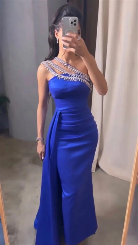 New Royal Blue Prom Dress Sexy Sleeveless Evening Dress Beading Appliques Party Dress Mermaid Satin Floor-Length Formal Dress