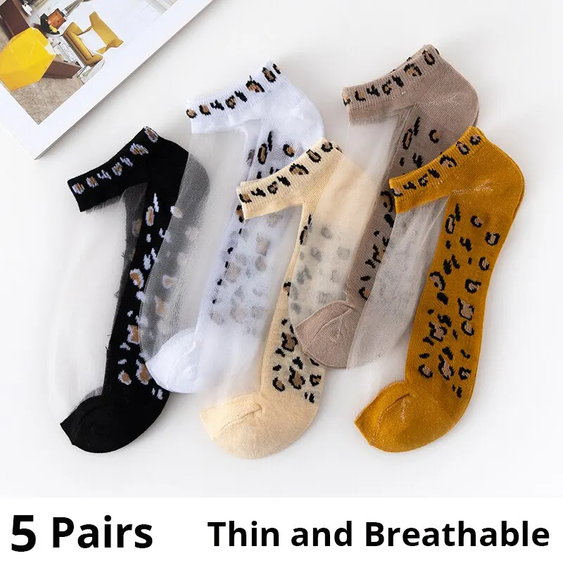 5 Pairs Of Womens Slass Filament Fiber Spring And Summer Thin Transparent Leopard Socks Polyester Sock Sole