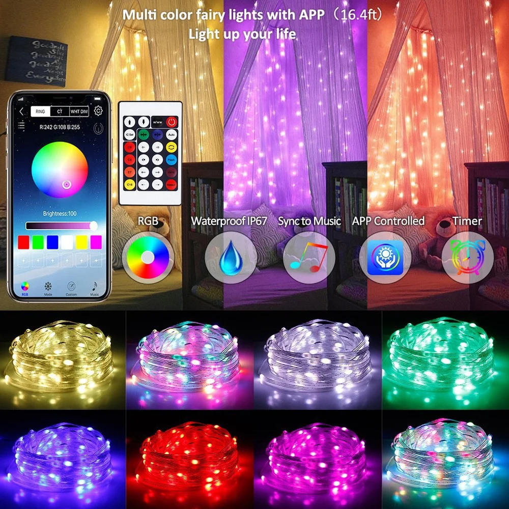 Impermeável RGB LED String Lights, Remoto, Bluetooth, USB, Smart Fairy Lights, Guirlanda, Festão, Ao ar livre, Interior, Decoração de Natal