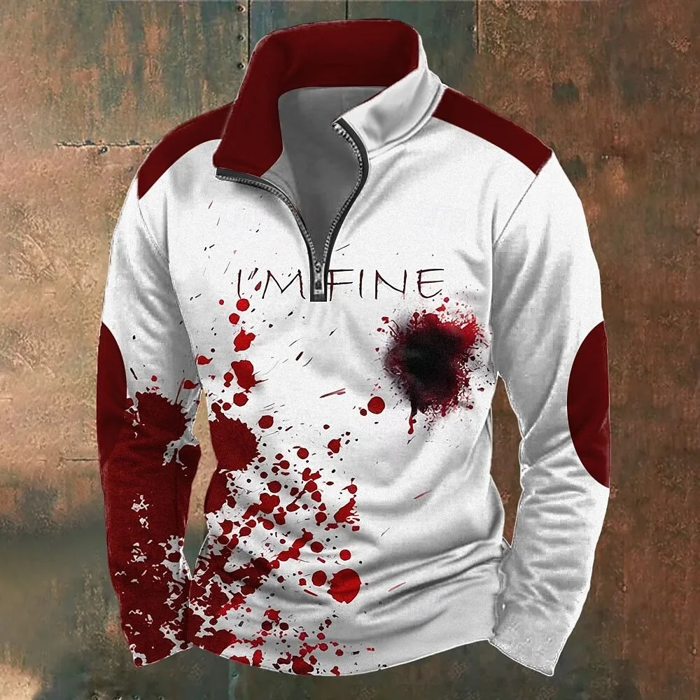 

Halloween Men's Graphic Blood stains Sweatshirt Exaggerated Gothic Long Sleeve High Neck Party Club Red Blue Zipper Quarter tops