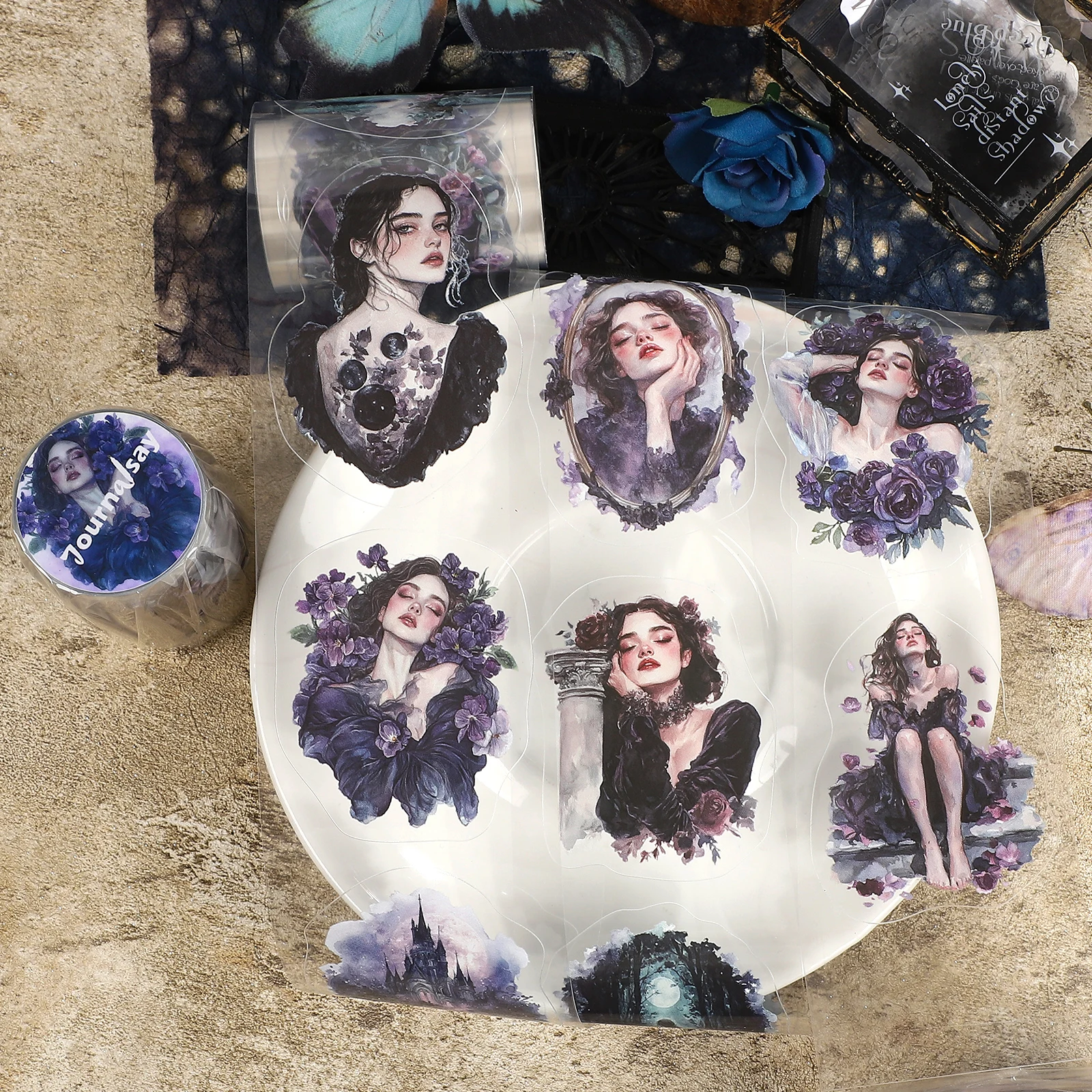 60mm*200cm Vintage Dark Flower Character Landscape PET Tape Creative DIY Journal Material Collage Scrapbooking Stationery