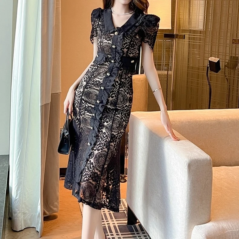 ชุดลูกไม้สีดําผู้หญิง V คอ Hollow Out Elegant ฤดูร้อน Elegant Vestidos Bodycon Streetwear Chic ผ้า Lady