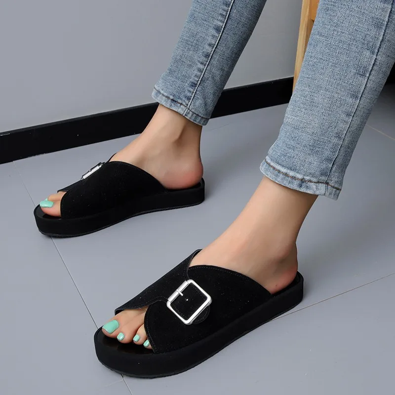 Women's Sandals Summer Shallow Women Cork Slipper Casual Beach Single Buckle Non-slip Outside Nubuck Leather Slip on Flip Flops