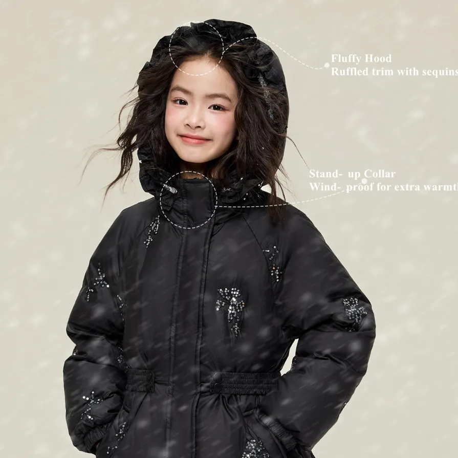 Mädchen Weiße Daunenjacke mit Pailletten und Stickerei, Kapuze, Tailliert, Mittellanger Mantel, Kinder Winter Winddichte Warme Oberbekleidung A5103 – Detail 6