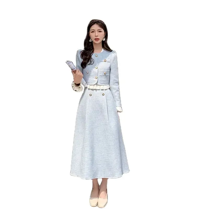 Suit Short Long-Sleeved Jacket + Skirt Little Fragrance Blue 2024 Fall Two Piece Sets For Women Royal Sister Sense Of Luxury