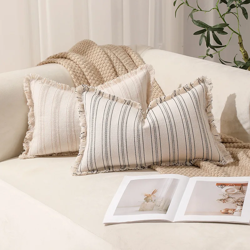 

Yjq polyester cotton striped colored woven jacquard beard edge pillow cushion cover