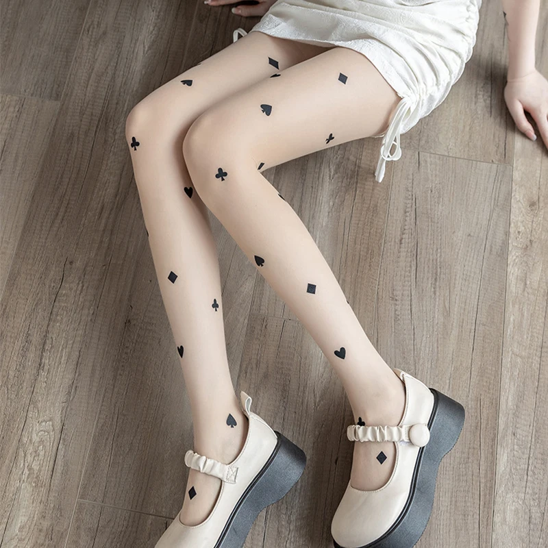 New Black playing card love print Women Tights any cut tattoo Women pantyhose Stockings sexy Summer Women tattoo silk Stockings