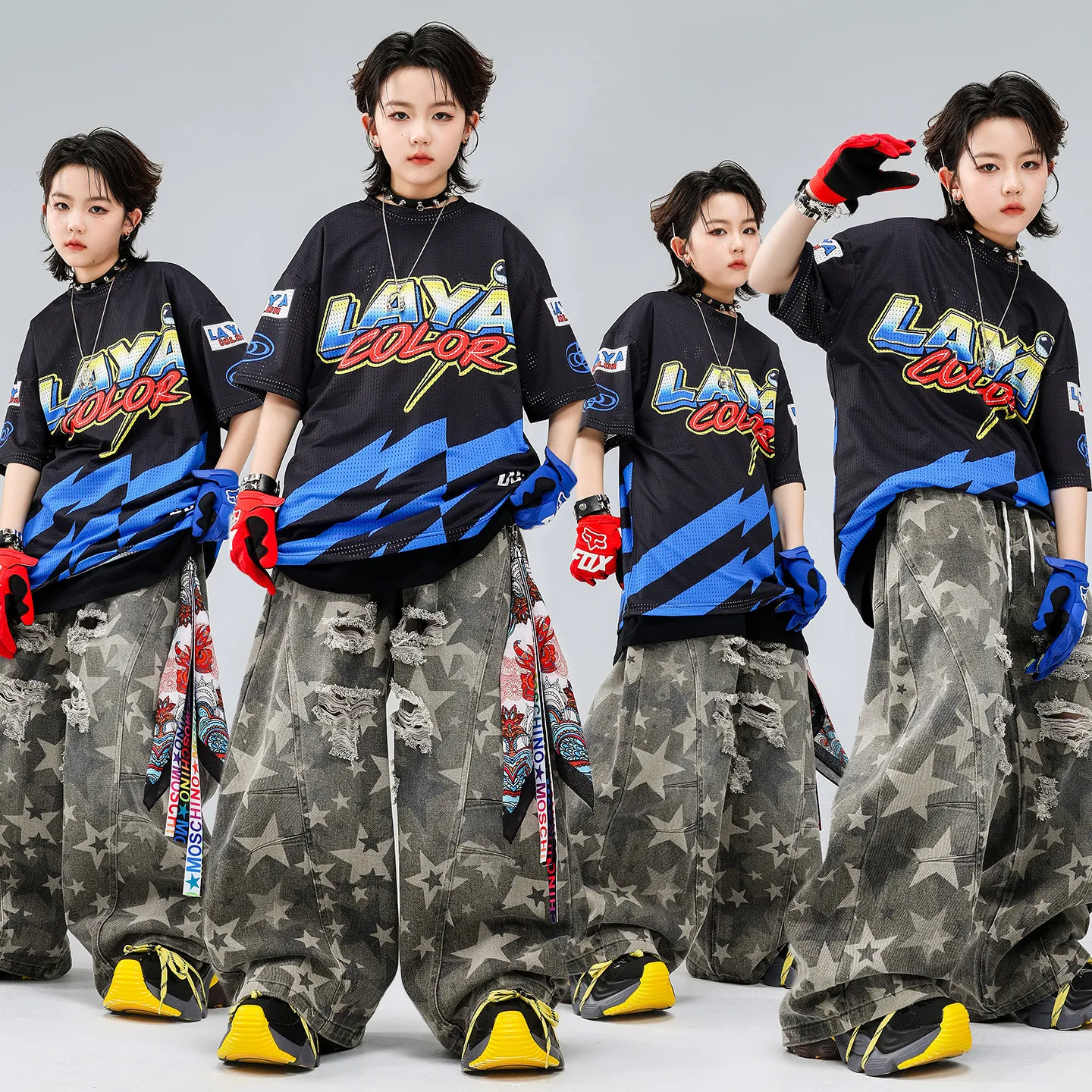 

Kid Kpop Hip Hop Clothing Black Blue Mesh Jersey T Shirt Camo Stars Ripped Curved Blade Pants for Girl Boy Dance Costume Clothes