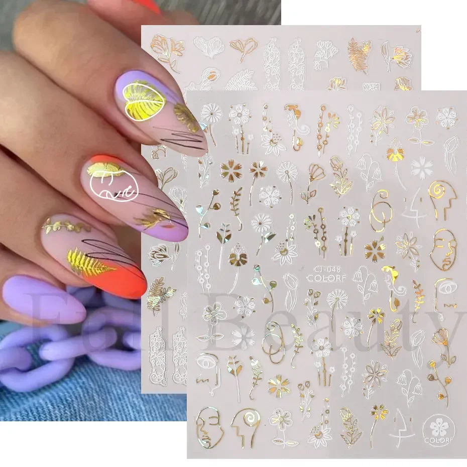 Gold Leaves 3D Nail Stickers Decals Foil Summer Spring Liner Geometric Flower Nail Tattoo Polish Sliders Manicure JICJ046-054