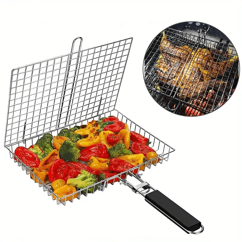 1pc, Efficient Outdoor BBQ  Large Stainless Steel Folding Mesh Basket With Temperature Control, Lid Included - Perfect For Resta