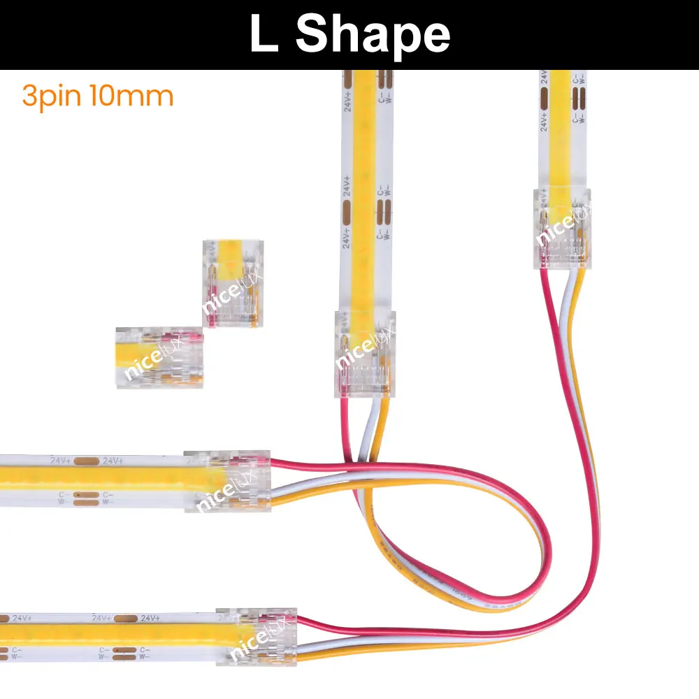 COB LED CCT Connector 3Pin 8/10/12mm Right Angle Corner Connectors For Dual Color LED Strip Lights 90 Degree L Shape Connection